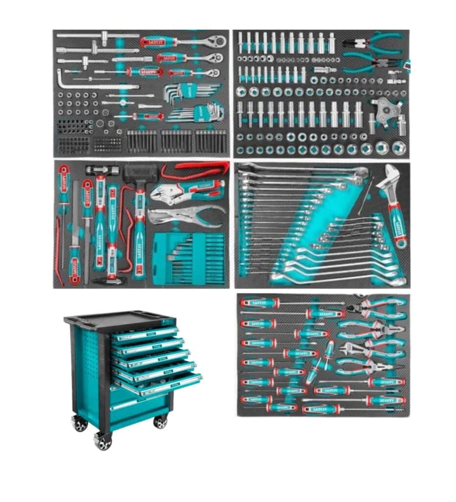 CARRO PORTA HERRAMIENTAS 396PCS 7 CAJONES + HERRAMIENTAS + LLAVE IMPACTO 20V 850NM – THPTCS83962