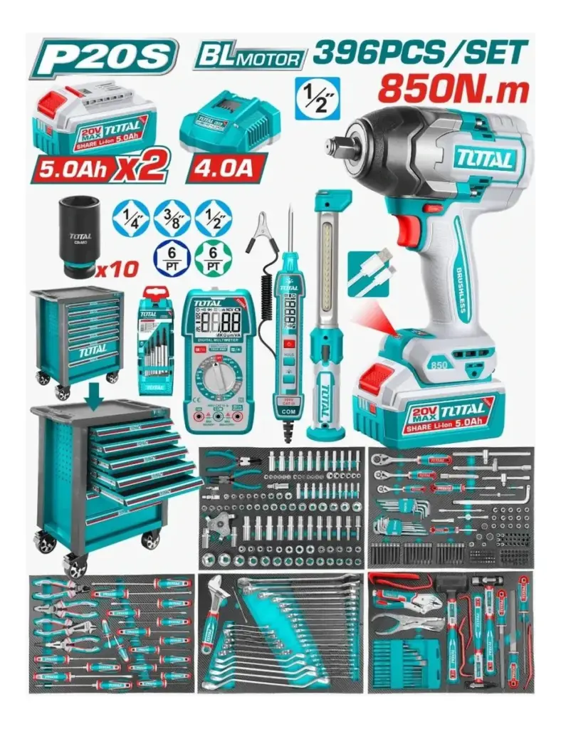 SET GABINETE 7 CAJONES + HERRAMIENTAS + LLAVE IMPACTO 20V 850NM 396P – THPTCS83962