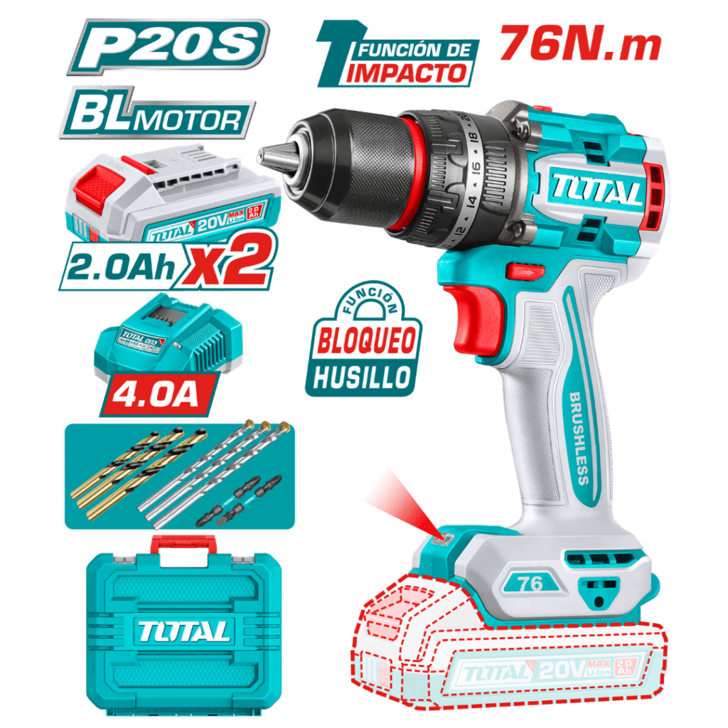 TALADRO PERCUTOR 20V BL 76NM 13MM 2X2.0AH +ACC MALETIN INDUSTRIAL – TIDLI207686