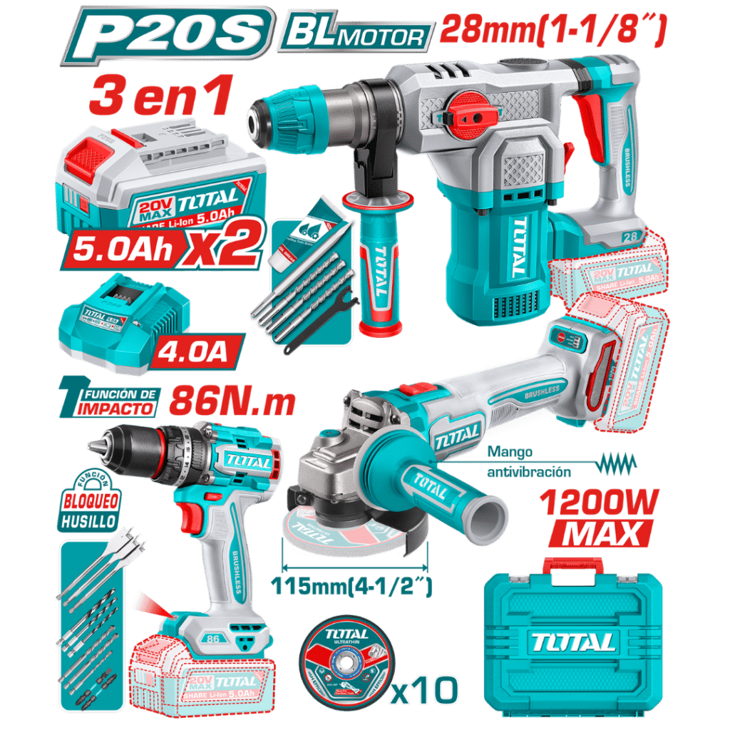 COMBO 3 EN 1  20V TALADRO P + ROTOMARTILLO 28 + AMOLADORA 2X5.0AH + A – TOSLI251195