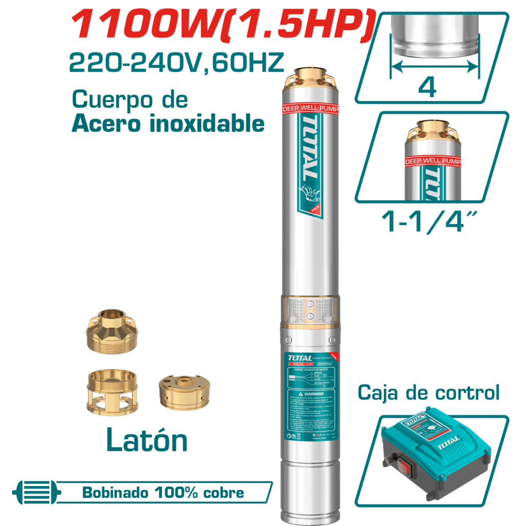 BOMBA SUMERGIBLE POZO 4» 1.5HP H:112M C:6.7M3/H ACERO INOX INC. CON – TWP511006-5