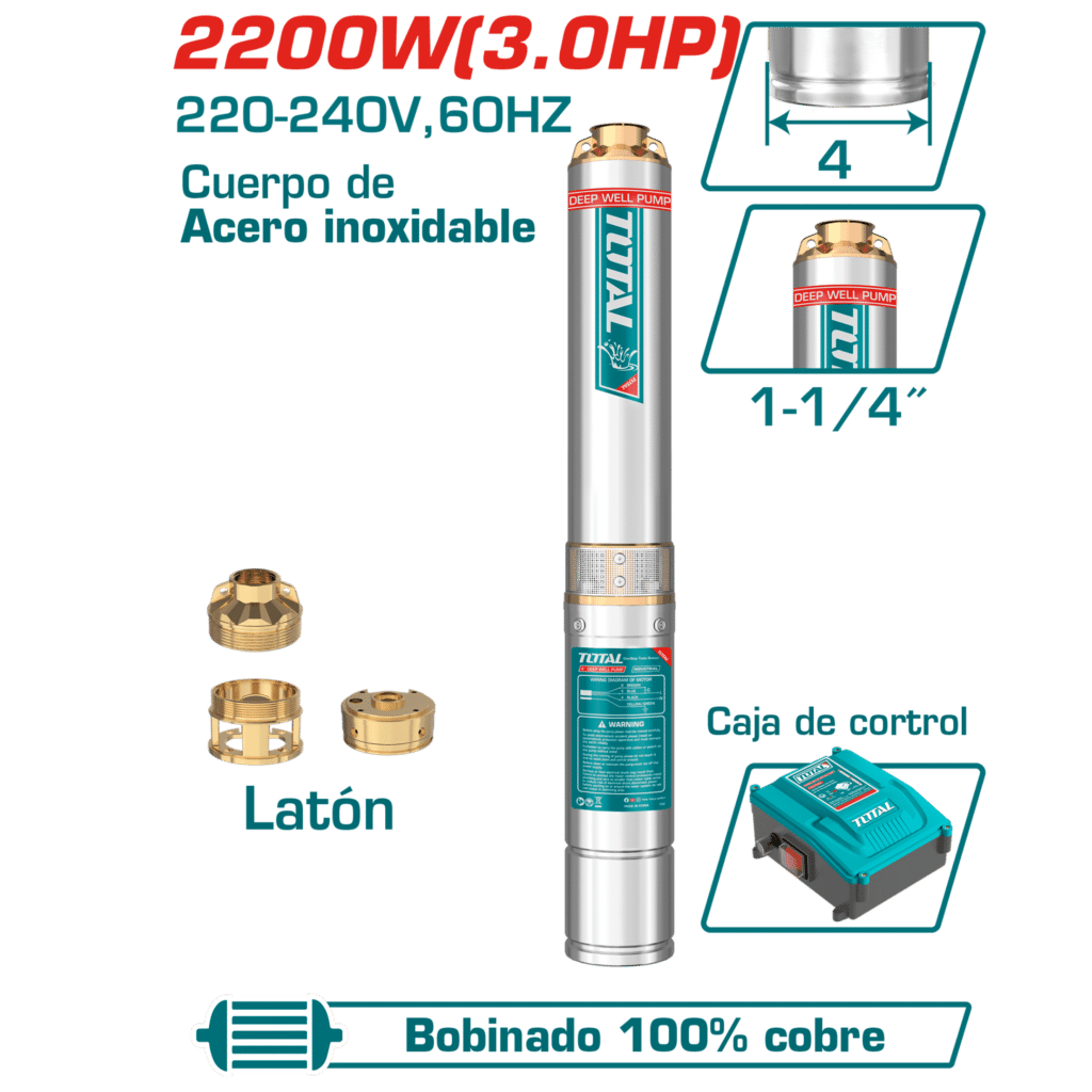 BOMBA SUMERGIBLE POZO 4» 3.0HP H:180M C:6.7M3/H ACERO INOX INC. CON – TWP522006-5