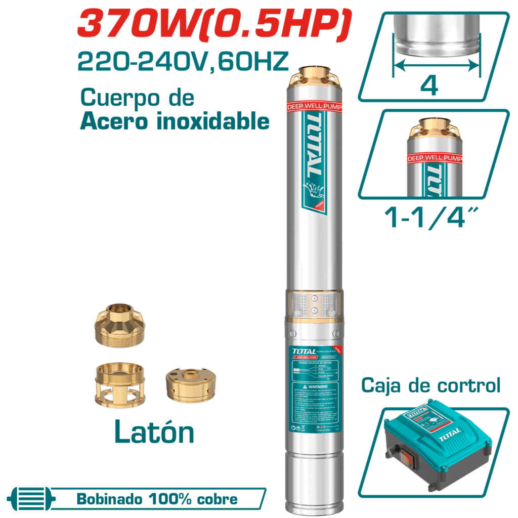 BOMBA SUMERGIBLE DE POZO 4” 0.5HP H:48M C:6.7M3/H ACERO INOX INC CONTROL – TWP53706-5