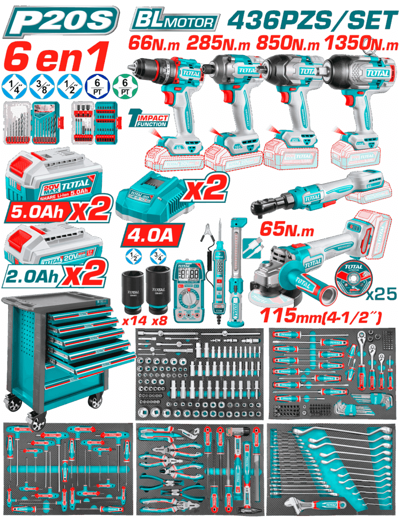 SET GABINETE 7C (6EN1) + HERRAMIENTAS + LLAVE IMPACTO 20V 850NM 436PCS INDUSTRIAL – THPTCS84362