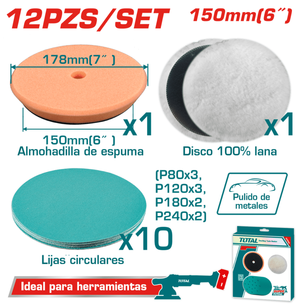 SET DISCOS DE PULIDO ALGODO+ESPUMA D:150MM 12PCS INDUSTRIAL – TAC15012