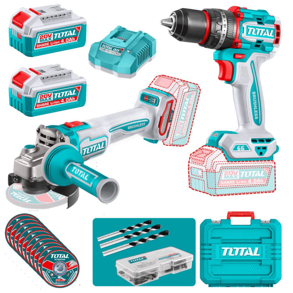 COMBO 2EN1 20V TALADRO 66NM + AMOLADORA 1200W 2X4.0AH + ACC MALETIN – TCKLI20256