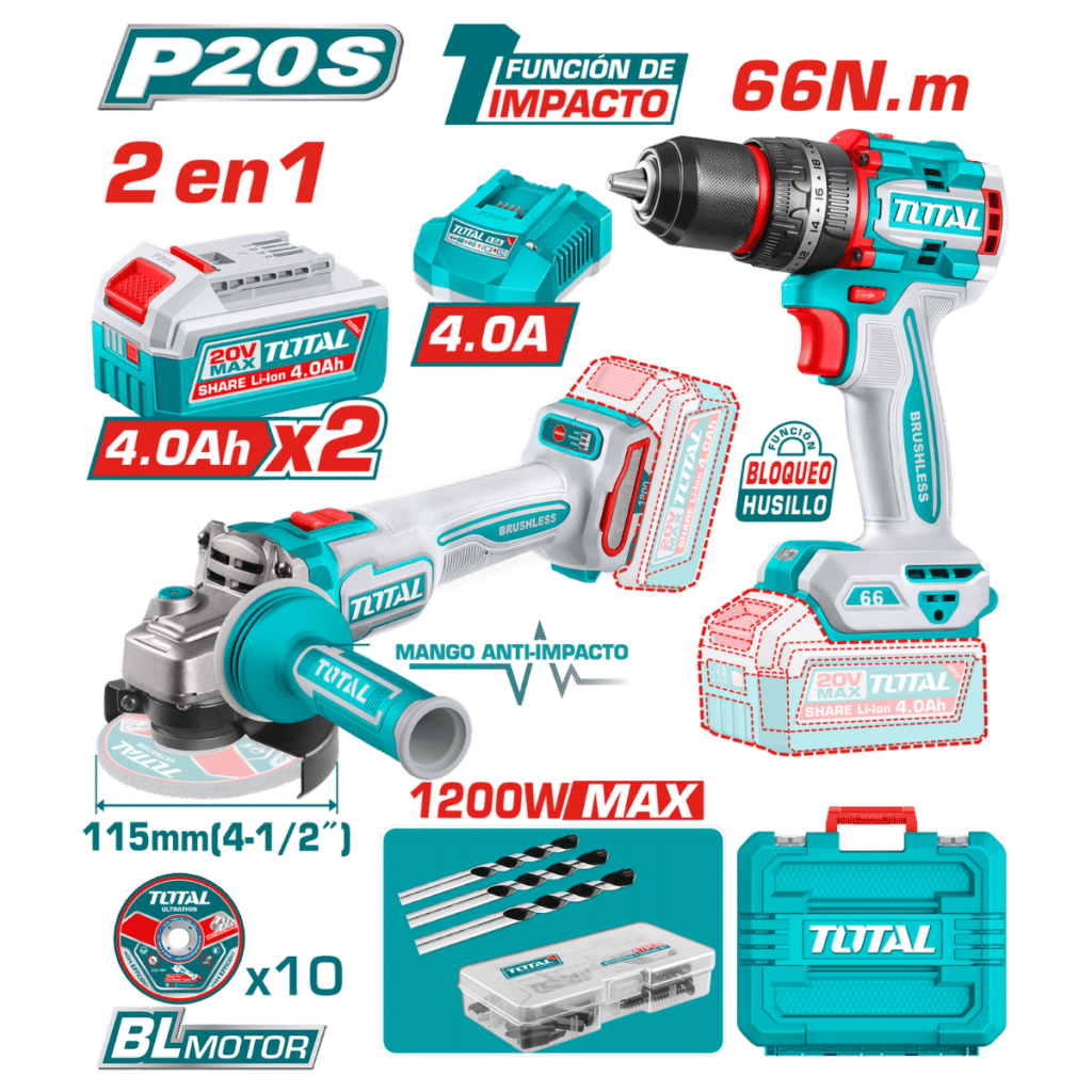 COMBO 2EN1 20V TALADRO 66NM + AMOLADORA 1200W 2X4.0AH + ACC MALETIN – TCKLI20256