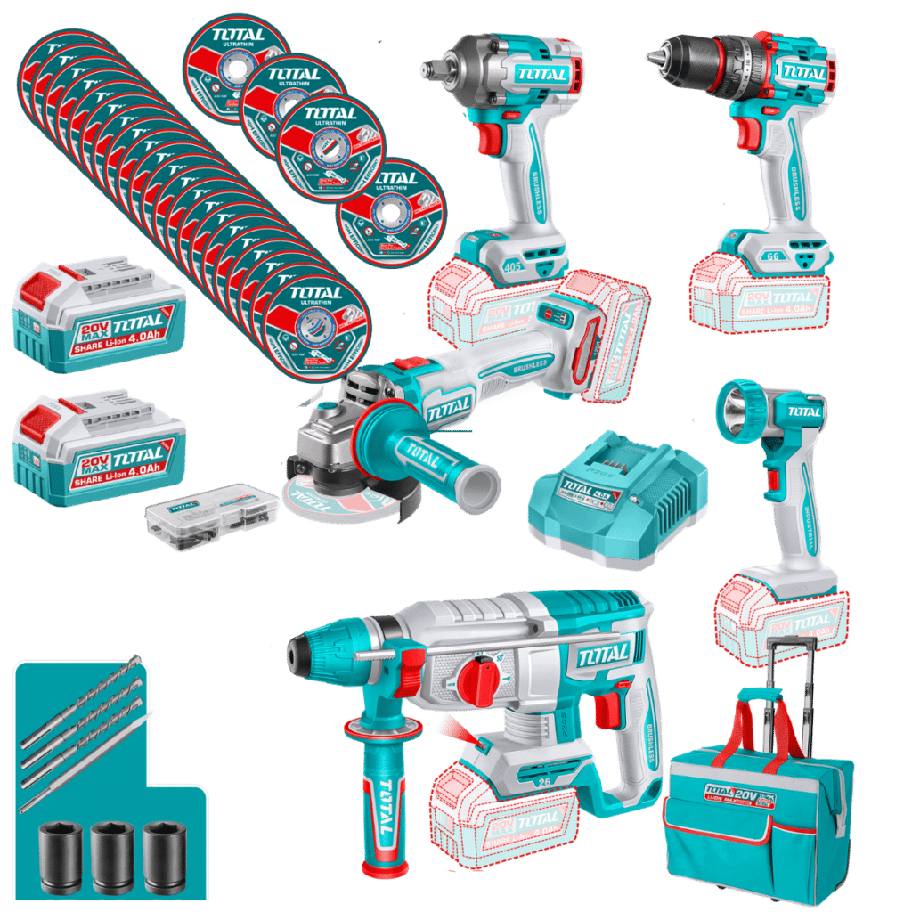 COMBO 20V (5EN1) TALAD. + LLAVE IMP. + AMOL. + ROTOM. + LINTERNA 2X4.0AH +ACC INDUSTRIAL – TCKLI20595