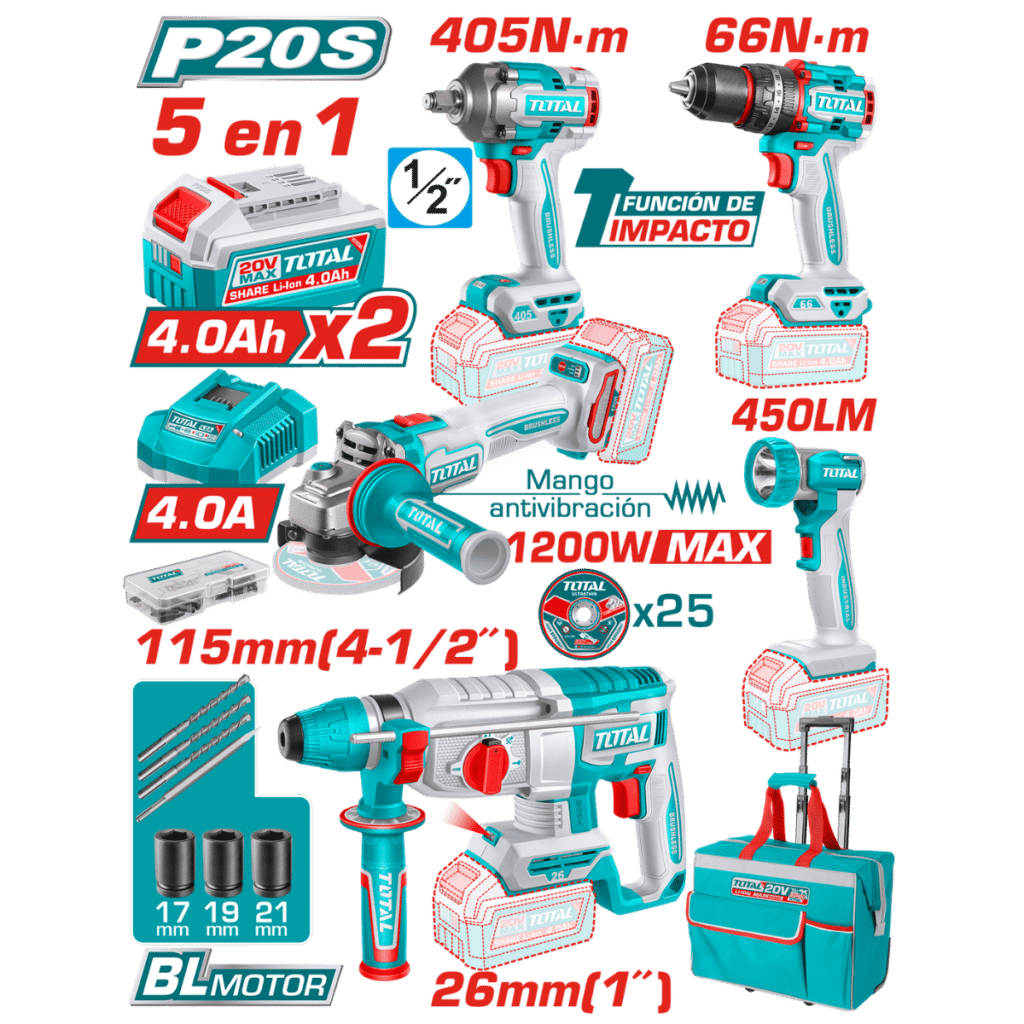 COMBO 20V (5EN1) TALAD. + LLAVE IMP. + AMOL. + ROTOM. + LINTERNA 2X4.0AH +ACC INDUSTRIAL – TCKLI20595