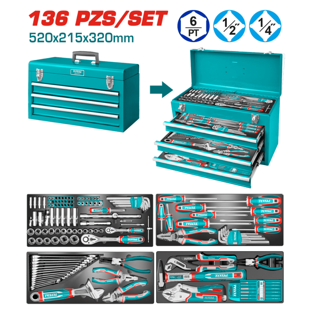 SET HERRAMIENTAS MANUALES 136PCS ESTUCHE METALICO 520X215X320 CAJONE – THTCS351367