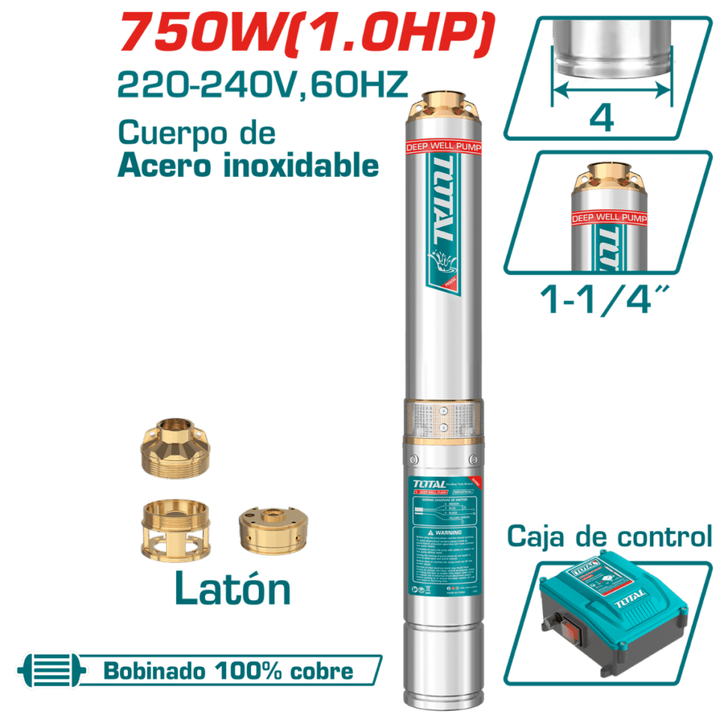 BOMBA SUMERGIBLE PARA POZO 4′ 1.0HP H:80M C:6.7M3/H ACERO INOX INC CONTROL – TWP57506-5
