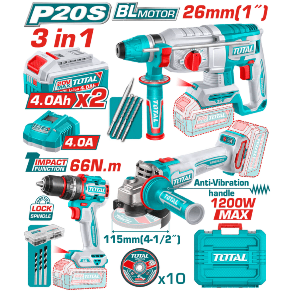 COMBO 3 EN 1 20V ROTOMARTILLO 26MM+ AMOLADORA 1200W + TALADRO 66NM 2X4 – TCKLI202598