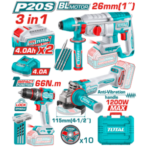 COMBO 3 EN 1 20V ROTOMARTILLO 26MM+ AMOLADORA 1200W + TALADRO 66NM 2X4 - TCKLI202598