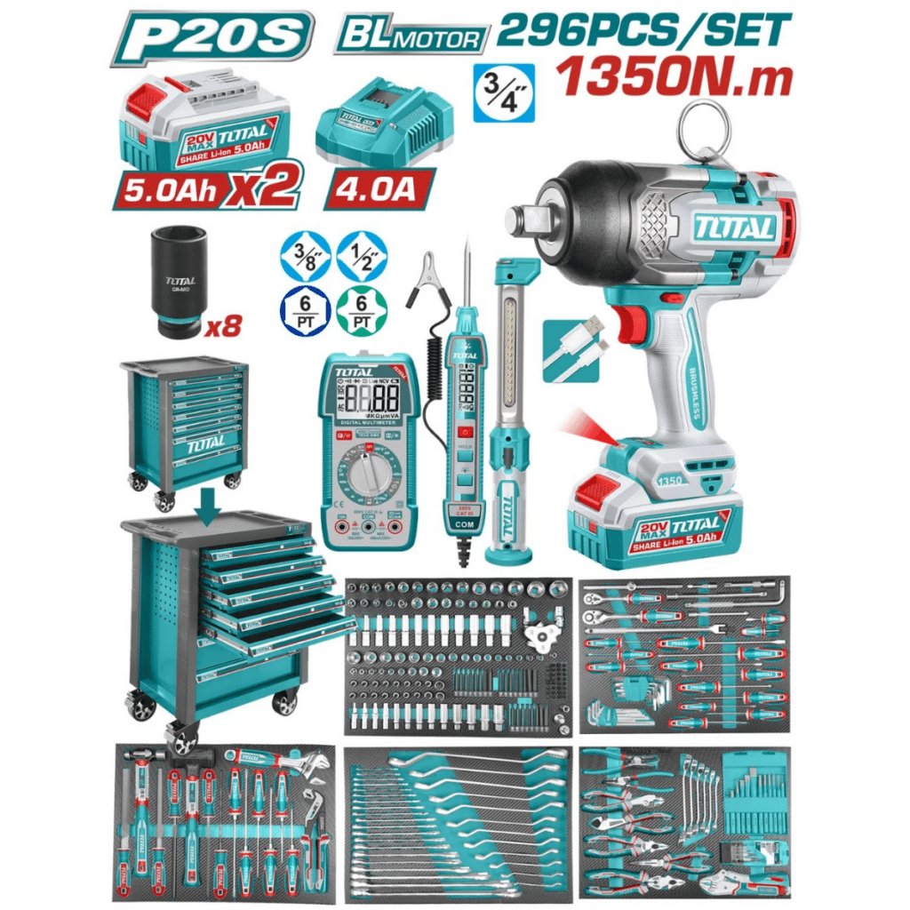 SET GABINETE 7 CAJONES + HERRAMIENTAS + LLAVE IMP. 20V 1350NM 296PCS – THPTCS82962