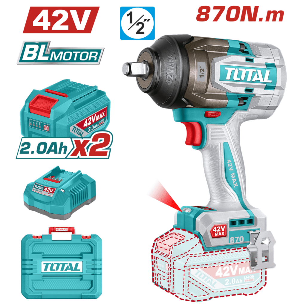 LLAVE IMPACTO BL 42V 870NM 1/2» 3000BPM 2X.2.0AH + MALETIN INDUSTRIAL – TIWLI42862