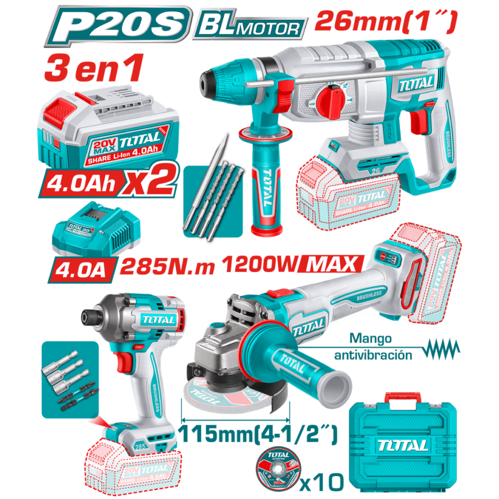 COMBO (3EN1) 20V ROTOM(26MM)+AMO(1200W)+ATORN(285NM) 2X4.0AH +ACC Y MALETIN INDUSTRIAL – TOSLI260191