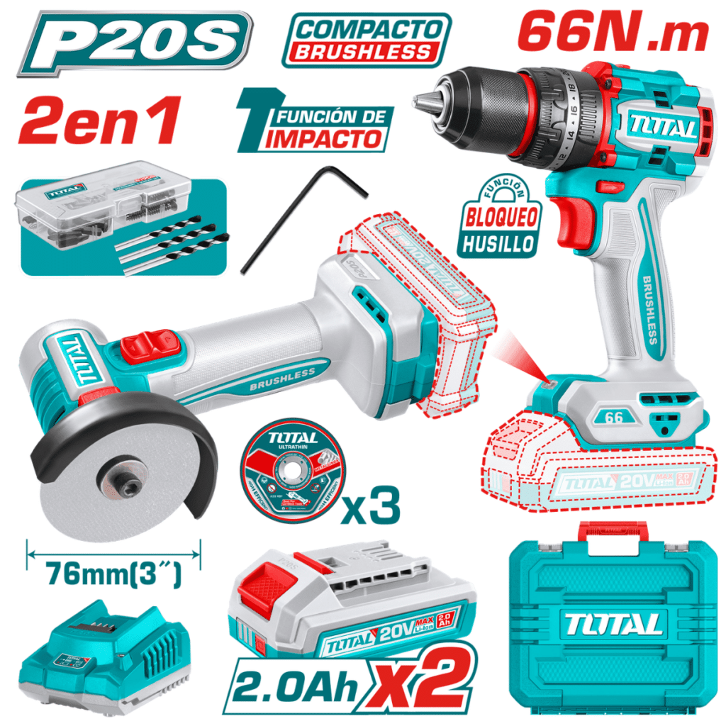 COMBO 2EN1 20V TALADRO 66NM + AMOLADORA 3» 2X2.0AH + ACC MALETIN INDUSTRIAL – TCKLI20255