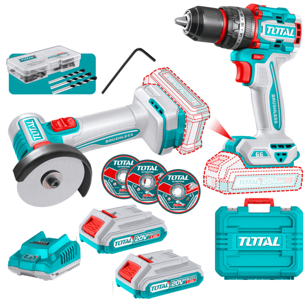 COMBO 2EN1 20V TALADRO 66NM + AMOLADORA 3» 2X2.0AH + ACC MALETIN INDUSTRIAL – TCKLI20255