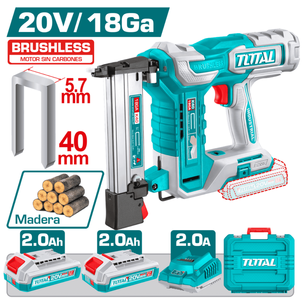 PISTOLA DE GRAPAS 20V K10-K40 3G/S +400GRAPAS 2X2.0AH BRUSHLESS + MALETING – TCSNLI600869