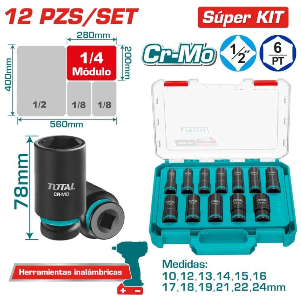 SET DADOS IMPACTO LARGO 1/2» 10-24MM 12PCS CR-MO MALETIN INDUSTRIAL  TOTAL – THKISD12126L