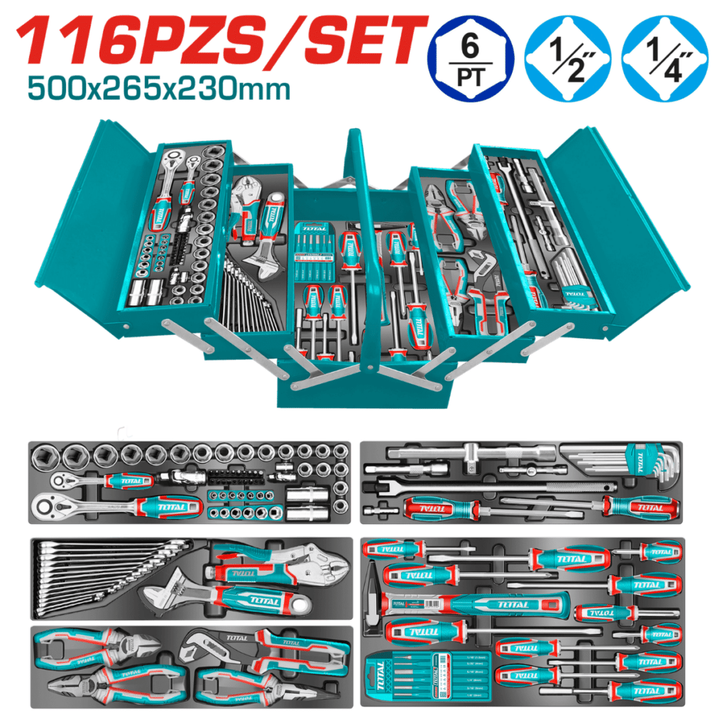 SET HERRAMIENTAS MANUALES 116PCS ESTUCHE METALICO 500X265X230 DESPLEGABLE INDUSTRIAL – THTCS351167
