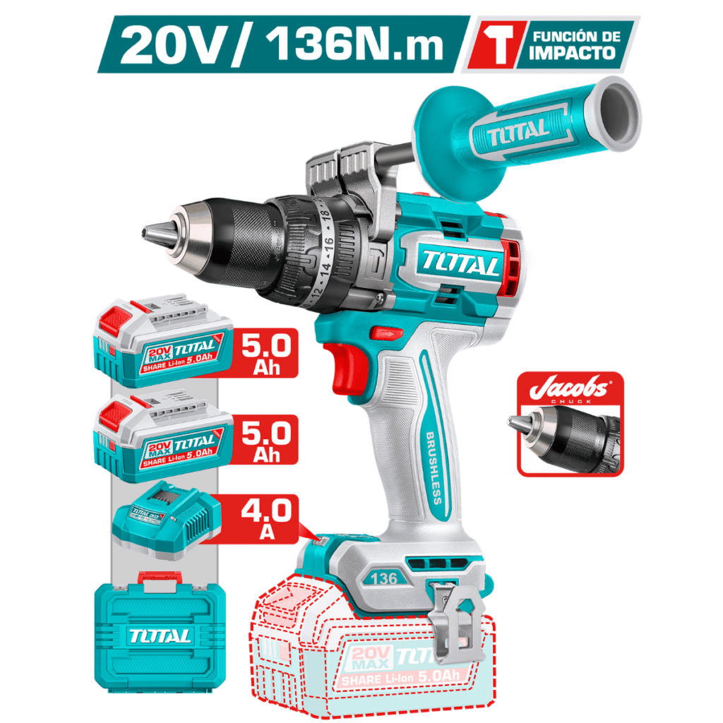 TALADRO PERCUTOR BL MOTOR 20V 136NM 13MM 2X5.0AH CHUCK JACOBS + MALETIN INDUSTRIAL – TIDLI201368