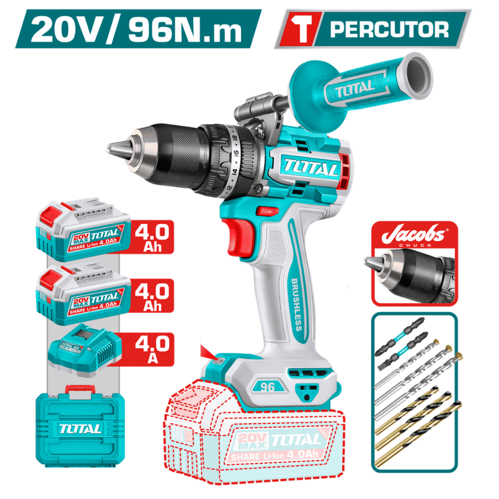 TALADRO PERC 20V 96NM 13MM BL C:JACOBS 2X4.0AH STC +ACC +MALETIN INDUSTRIAL –  TIDLI209688