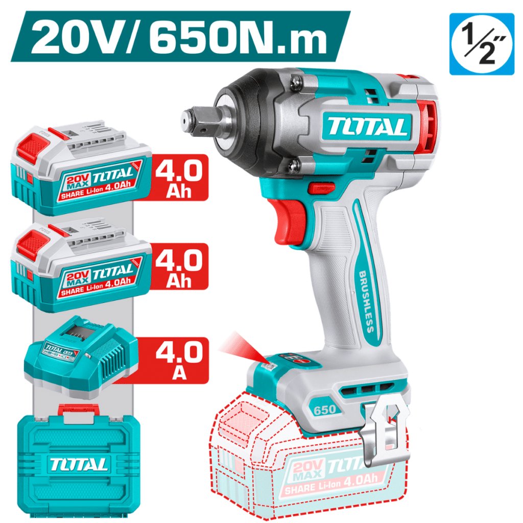 LLAVE IMPACTO BL 20V 650NM 1/2» 3500BPM 2X4.0AH + MALETIN INDUSTRIAL – TIWLI2065