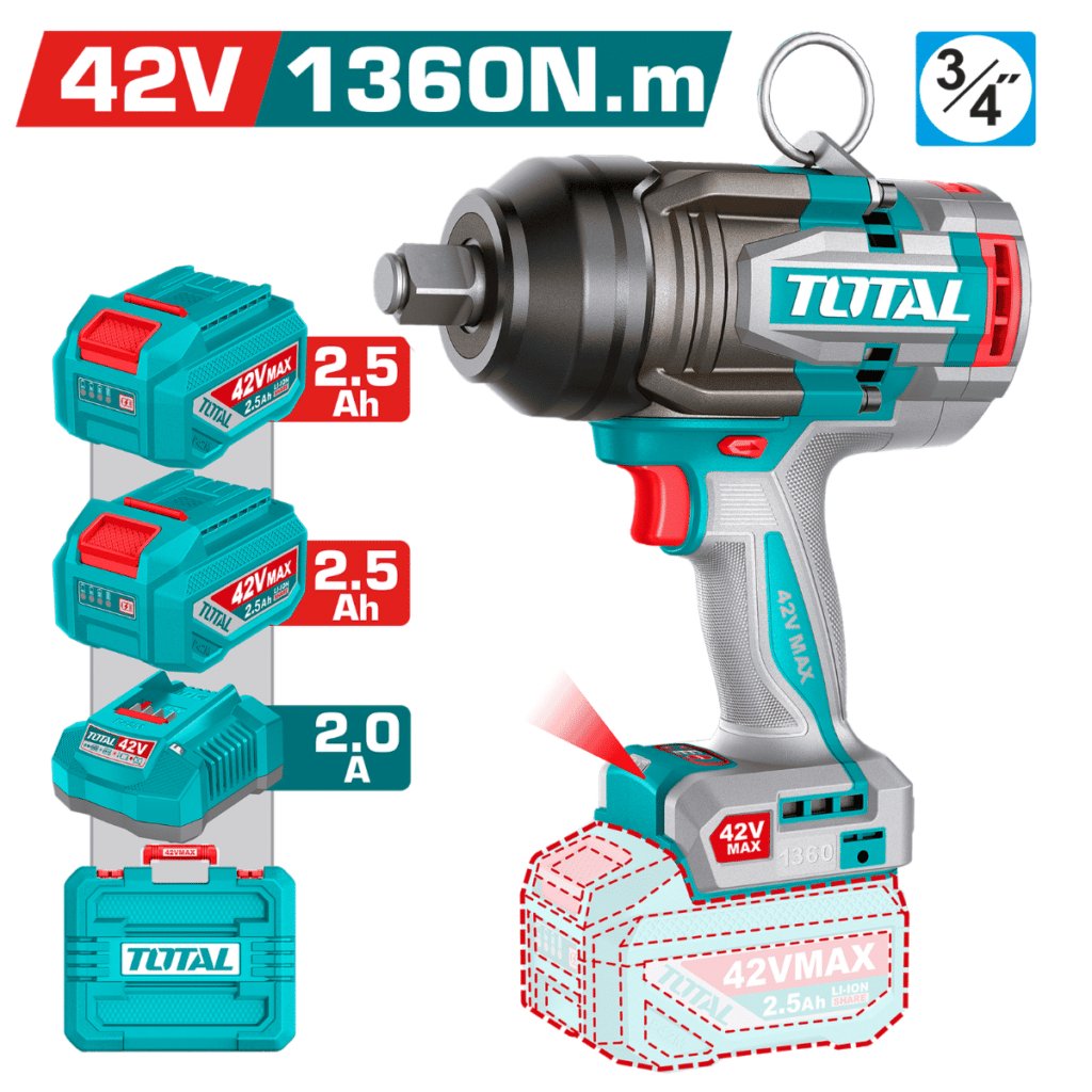 LLAVE IMPACTO BL 42V 1360NM 3/4» 2800BPM 2X2.5AH + MALETIN INDUSTRIAL – TIWLI421362