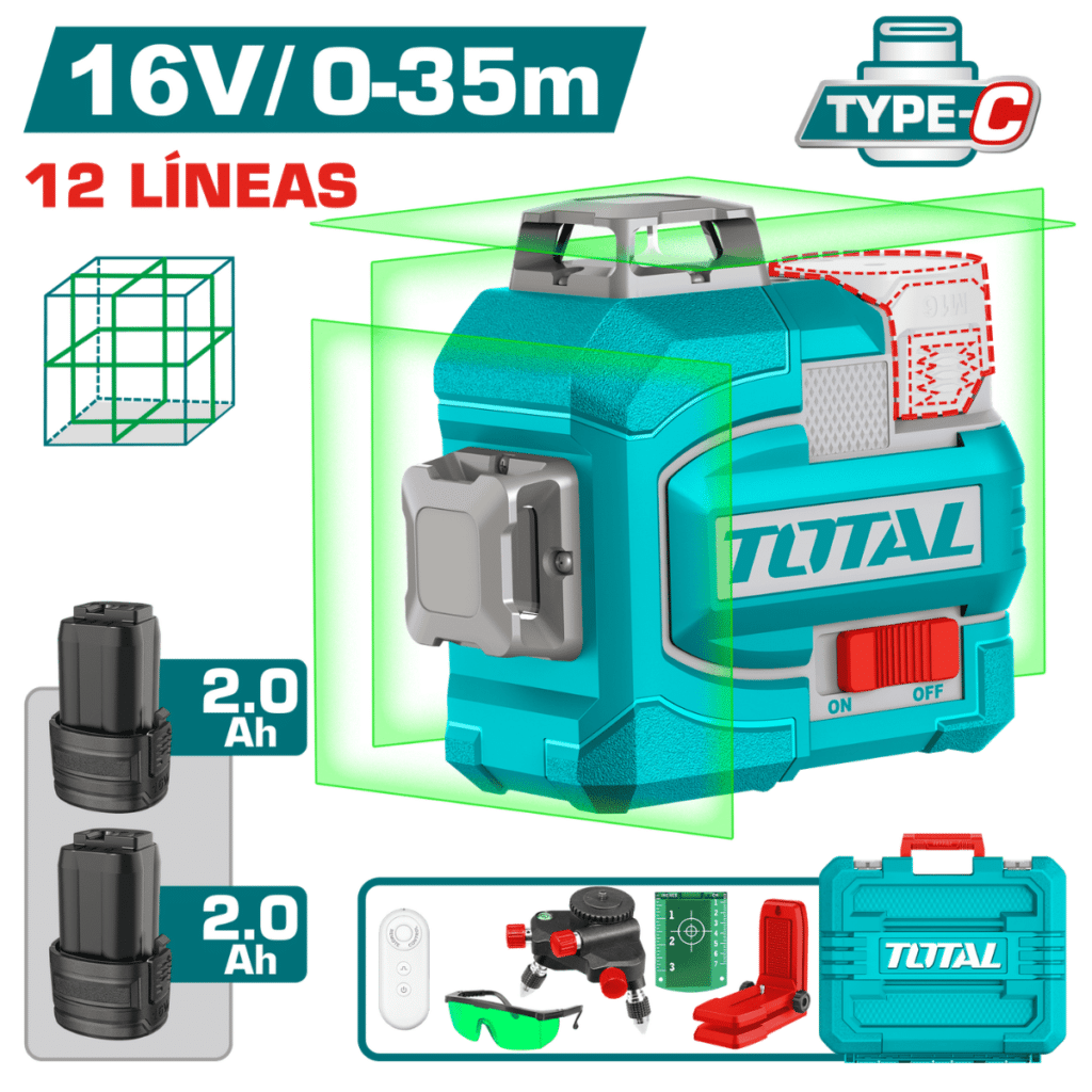 NIVEL LASER 3D 16V USB-C 12LINEAS 0-35M VERDE 2X2.0AH +ACC + MALETIN INDUSTRIAL – TLL301205