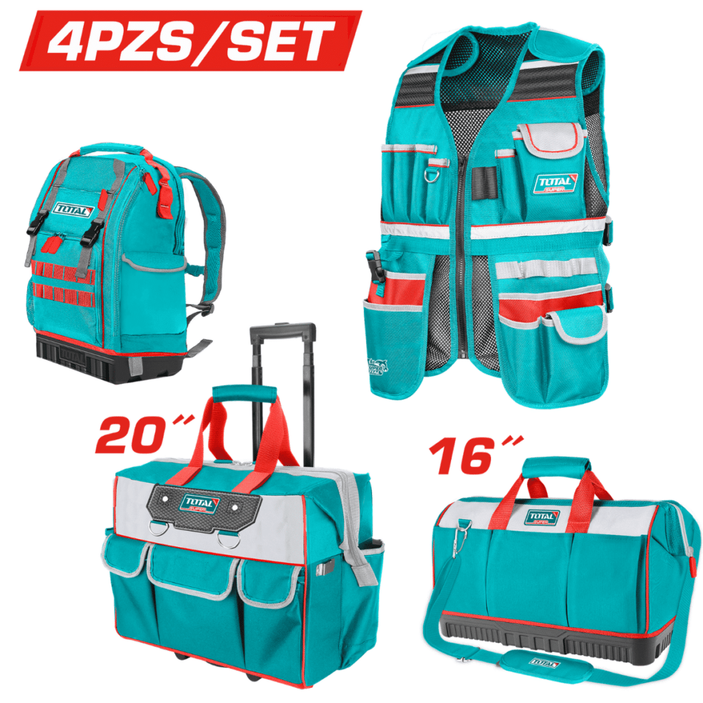 COMBO 4PCS CHALECO + PORTA HERRAMIENTAS 20» + MALETIN 16» Y MOCHILA 1680D POLYESTER – TOS230914