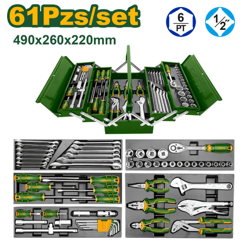 SET HERRAMIENTAS MANUALES 61PCS ESTUCHE METALICO 490X260X220MM DESPLEGABLE – JDHS4B61