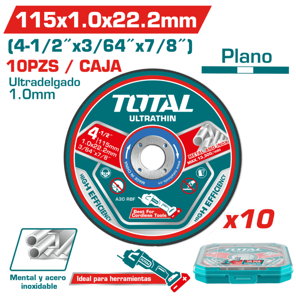 SET DE 10PCS DISCOS ULTRA-DELGADO 115X1.0X22.2MM METAL + ESTUCHE INDUSTRIAL – TAC1010115