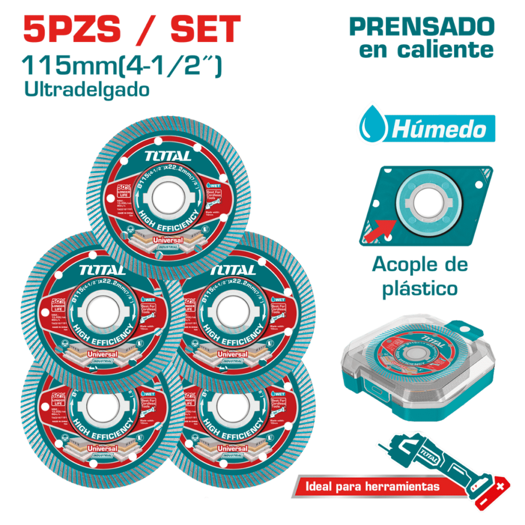 SET DISCO DIAMANTADO ULTRA DELGADO 115X22.2MM 75CR1 5PCS + ESTUCHE INDUSTRIAL – TAC2151158
