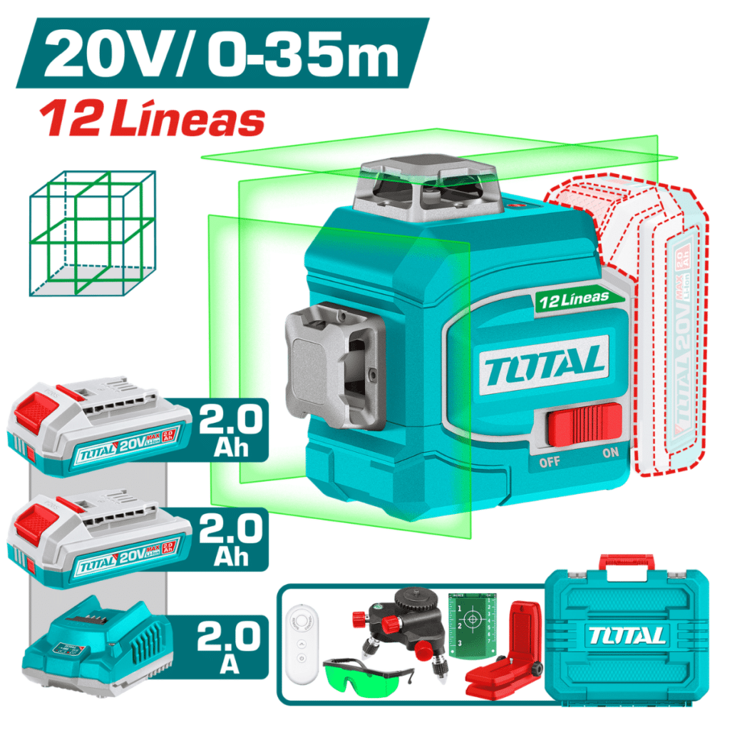 NIVEL LASER 3D 20V 12LINEAS 0-35M VERDE 2X2.0AH +ACC + MALETIN INDUSTRIAL – TLL3012165