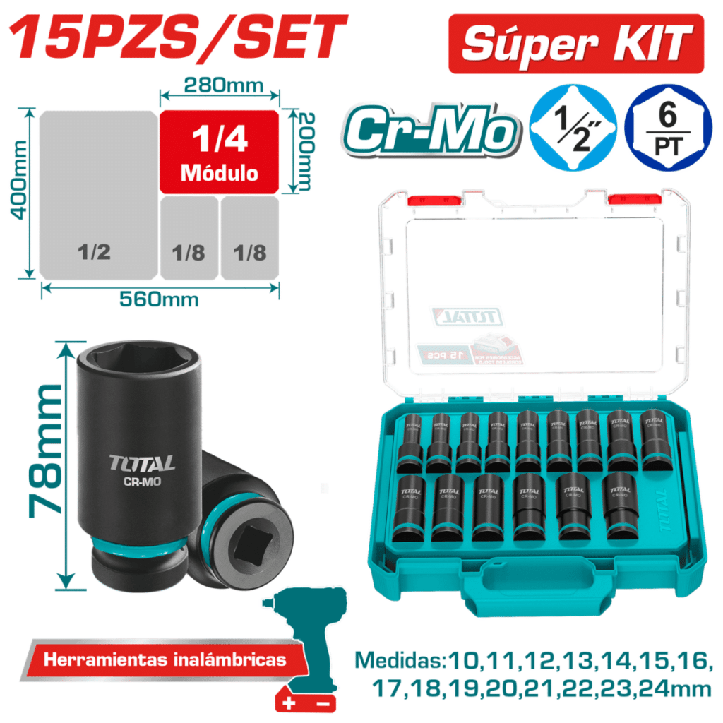 SET DADOS IMPACTO 78MM 1/2» 10-24MM 15PCS CR-MO ESTUCHE MOD INDUSTRIAL – THKISD12156L