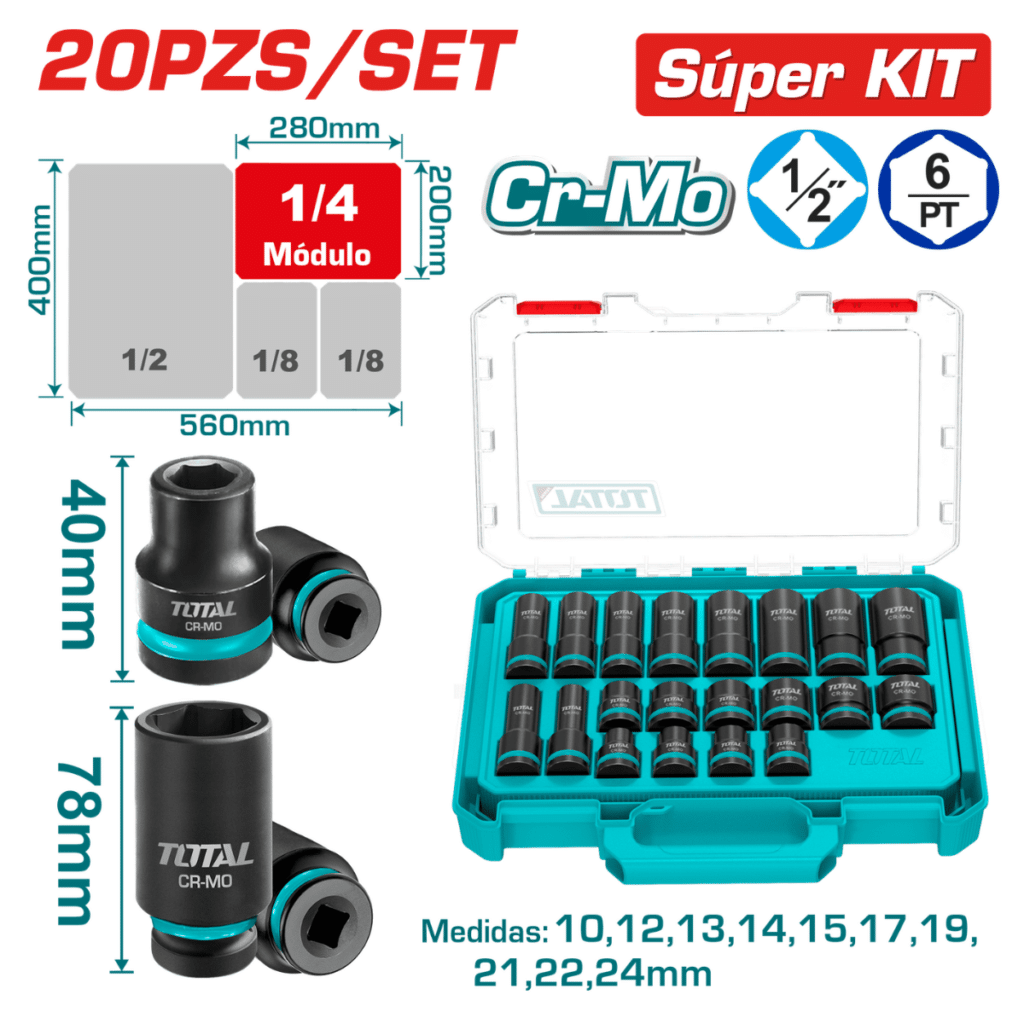 SET DADOS IMPACTO 40-78MM 1/2» 10-24MM 20PCS CR-MO ESTUCHE MOD INDUSTRIAL – THKISD12206L