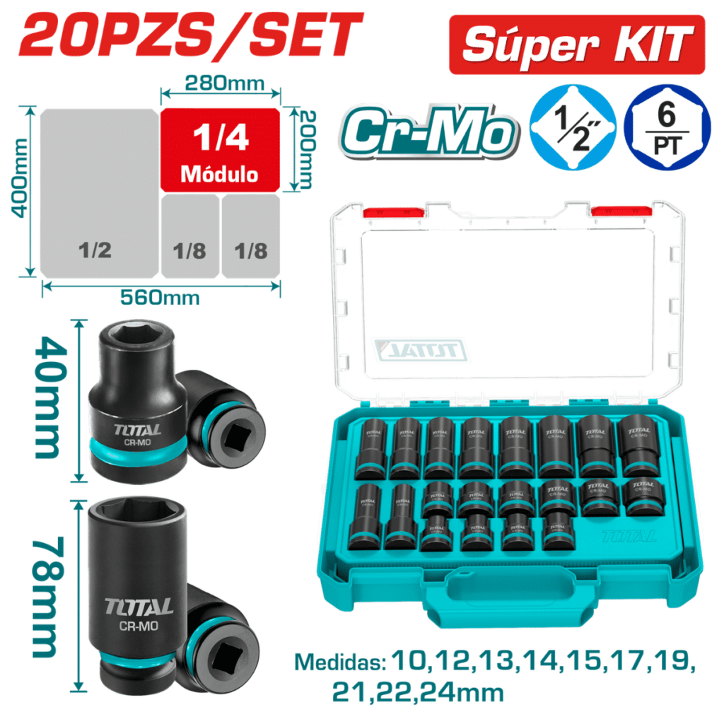 SET DADOS IMPACTO 40-78MM 1/2» 10-24MM 20PCS CR-MO ESTUCHE MOD INDUSTRIAL – THKISD12206L