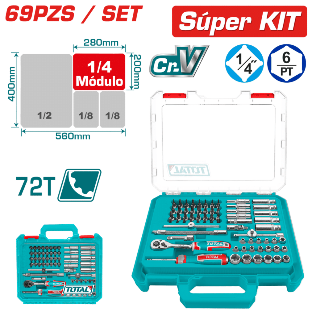 SET RACHET 1/4» +SOCKET +ACC CR-V ACERO 69PCS ESTUCHE MOD INDUSTRIAL – THT141696