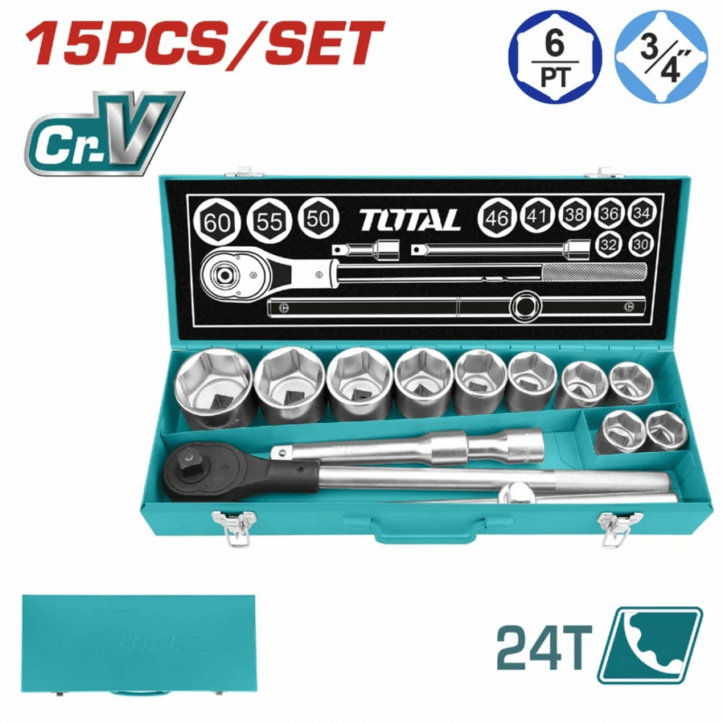 SET RACHET 15PCS 3/4» 6PT CR.V MALETIN METALICO INDUSTRIAL – THT341151