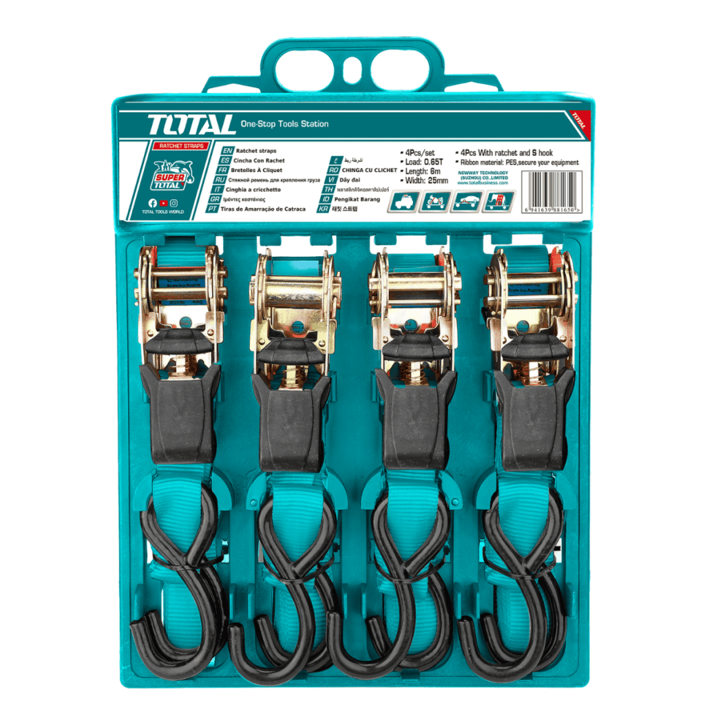 SET FAJAS CON RATCHET 0.65T X 6M AN:25MM 4PCS CON GANCHO – THTRS065606