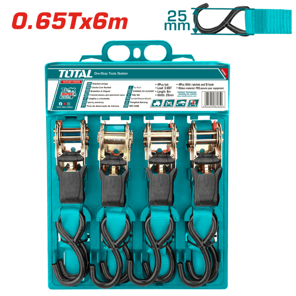 SET FAJAS CON RATCHET 0.65T X 6M AN:25MM 4PCS CON GANCHO – THTRS065606
