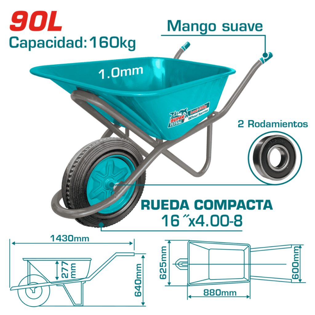 CARRETILLA CARGA 90L 160G RUEDA 16» SOLIDA INDUSTRIAL – THTWB418GD