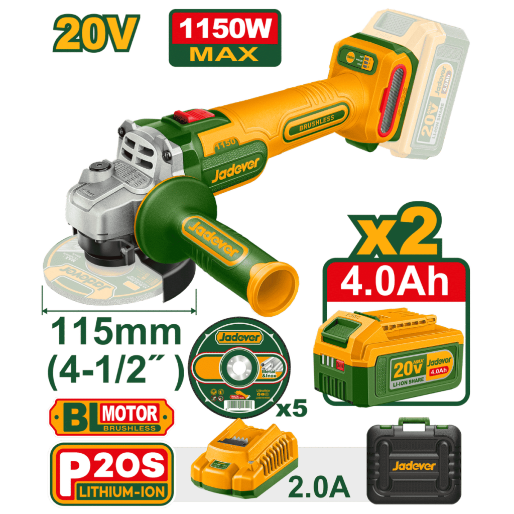 AMOLADORA 20V BL 3000-9000RPM 115MM M14 1150W 2X4.0AH MALETIN – JDLAP25292