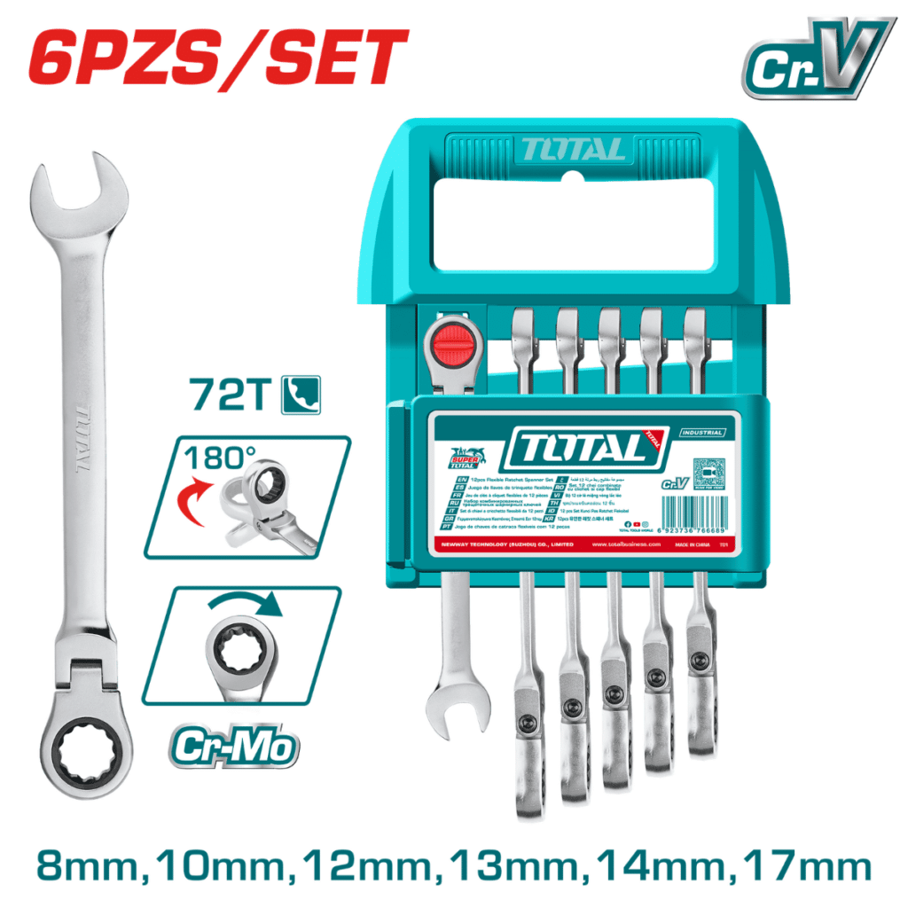 SET LLAVES COMB RATCHET FLEX 6PCS CR.V+CR.MO 72T 8-17MM +COLGADOR INDUSTRIAL – THT103RK566