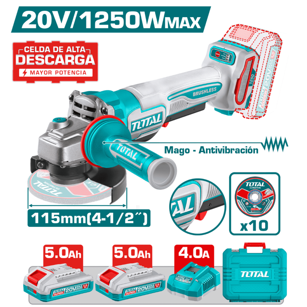AMOLADORA 20V BL 3000-9500RPM 115MM M14 1250WMAX 2X5.0AH(TL) +ACC MALETIN IND – TAGLI235162