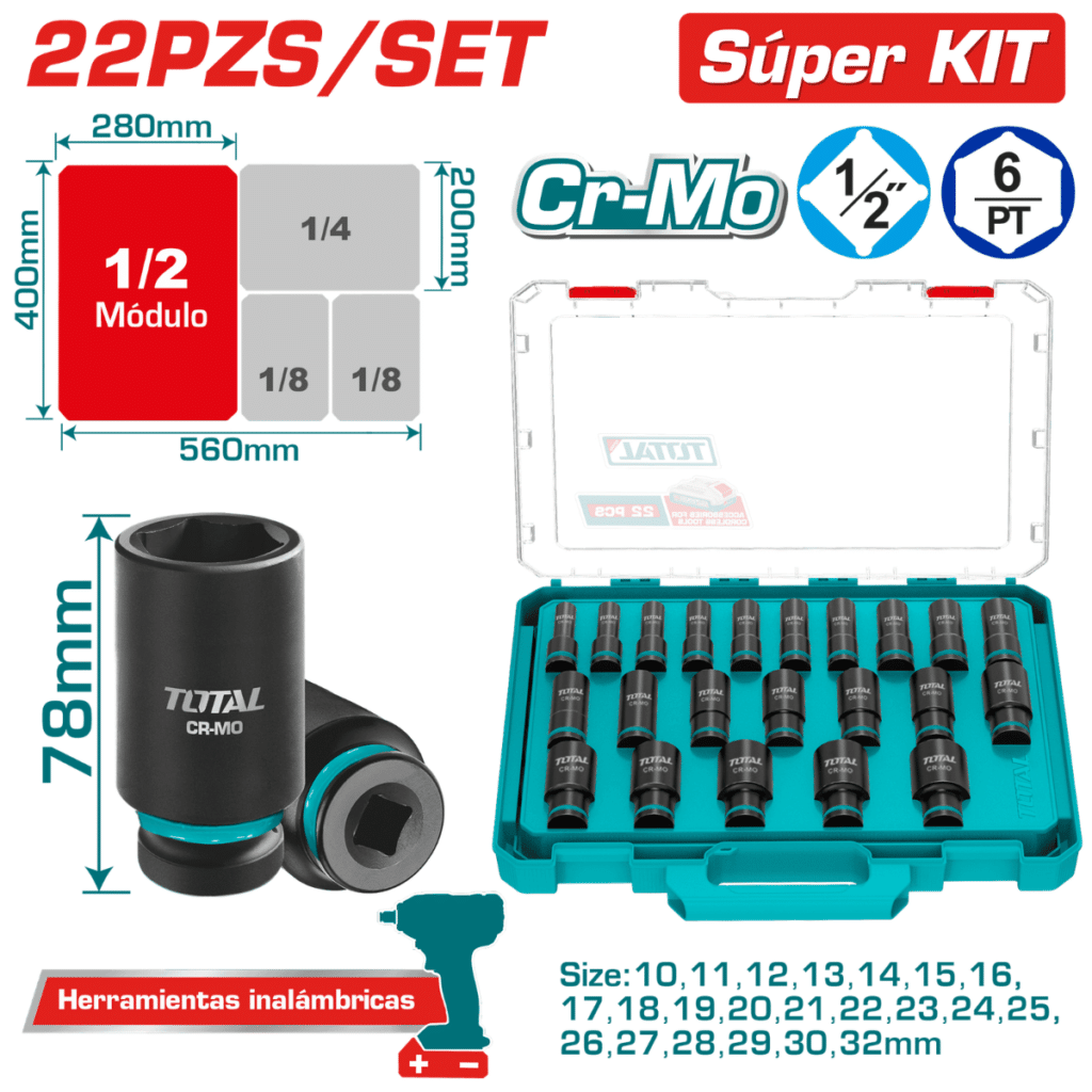 SET DADOS IMPACTO 1/2» / 78MM 22PCS CR-MO MALETIN MODULAR INDU – THKISD12226L