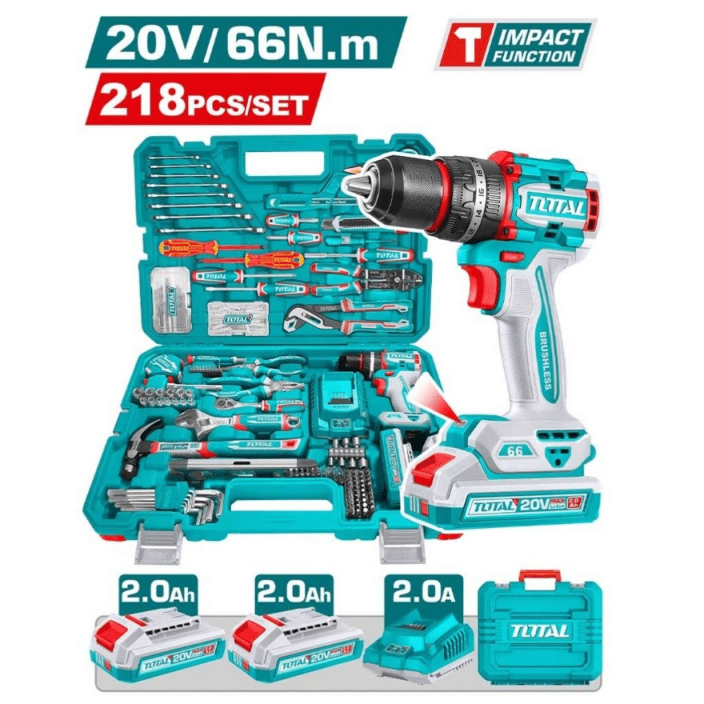 SET TALADRO PERC. 66NM 2X2.0AH + HERRAMIENTAS (218PCS) + MALETIN INDUSTRIAL – THKTHP42187