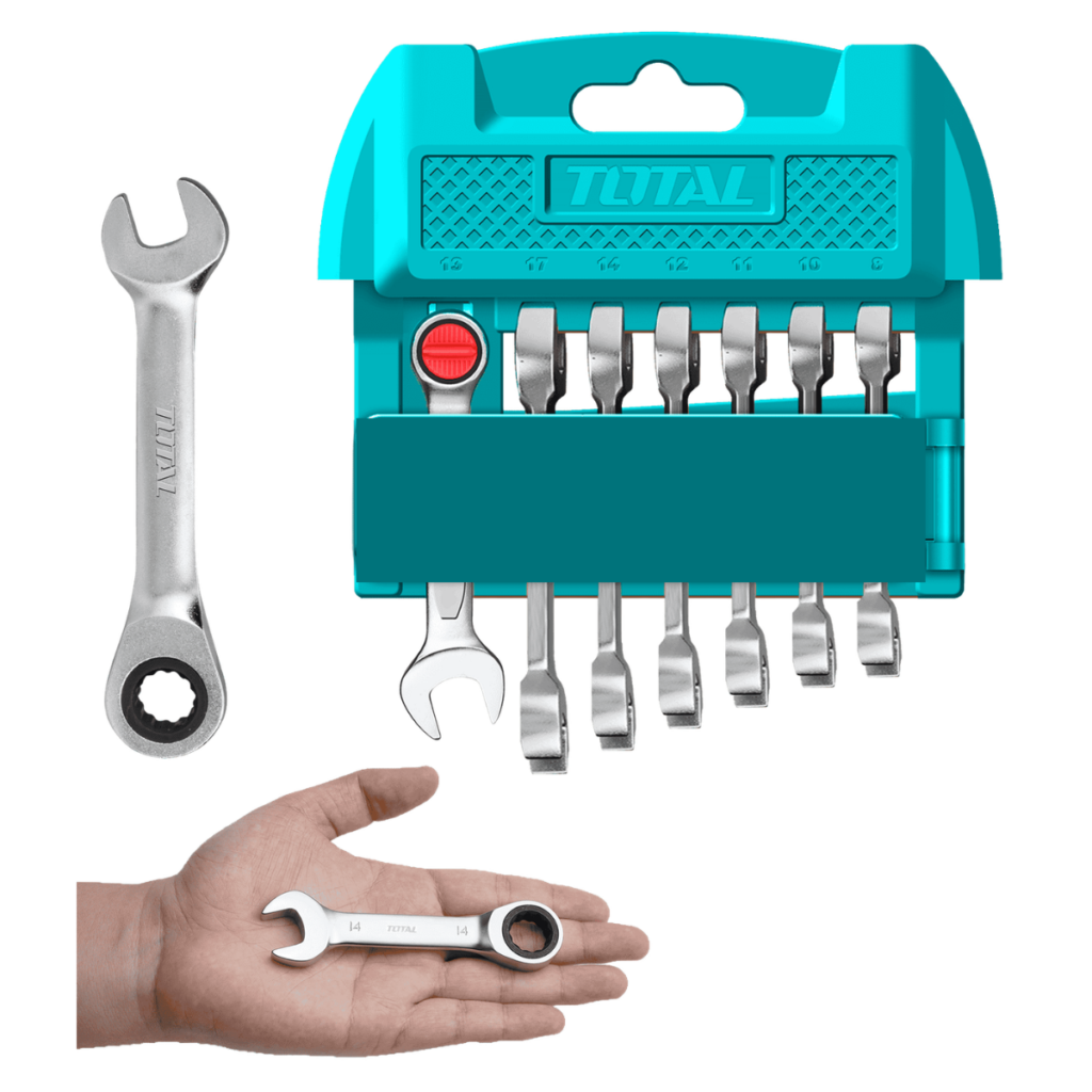 SET LLAVES COMB RATCHET (CORTO) 7PCS CR.V+CR-MO 90T 8-17MM + COLGADOR INDUSTRIAL – THT103RK176