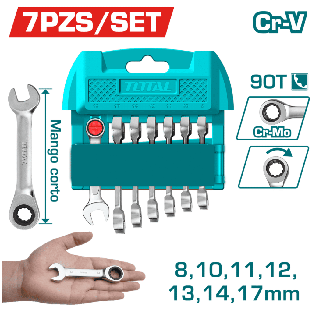 SET LLAVES COMB RATCHET (CORTO) 7PCS CR.V+CR-MO 90T 8-17MM + COLGADOR INDUSTRIAL – THT103RK176